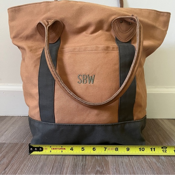 L.L. Bean Boat and Tote Canvas Bag Brown Green Leather tan olive - Picture 10 of 14
